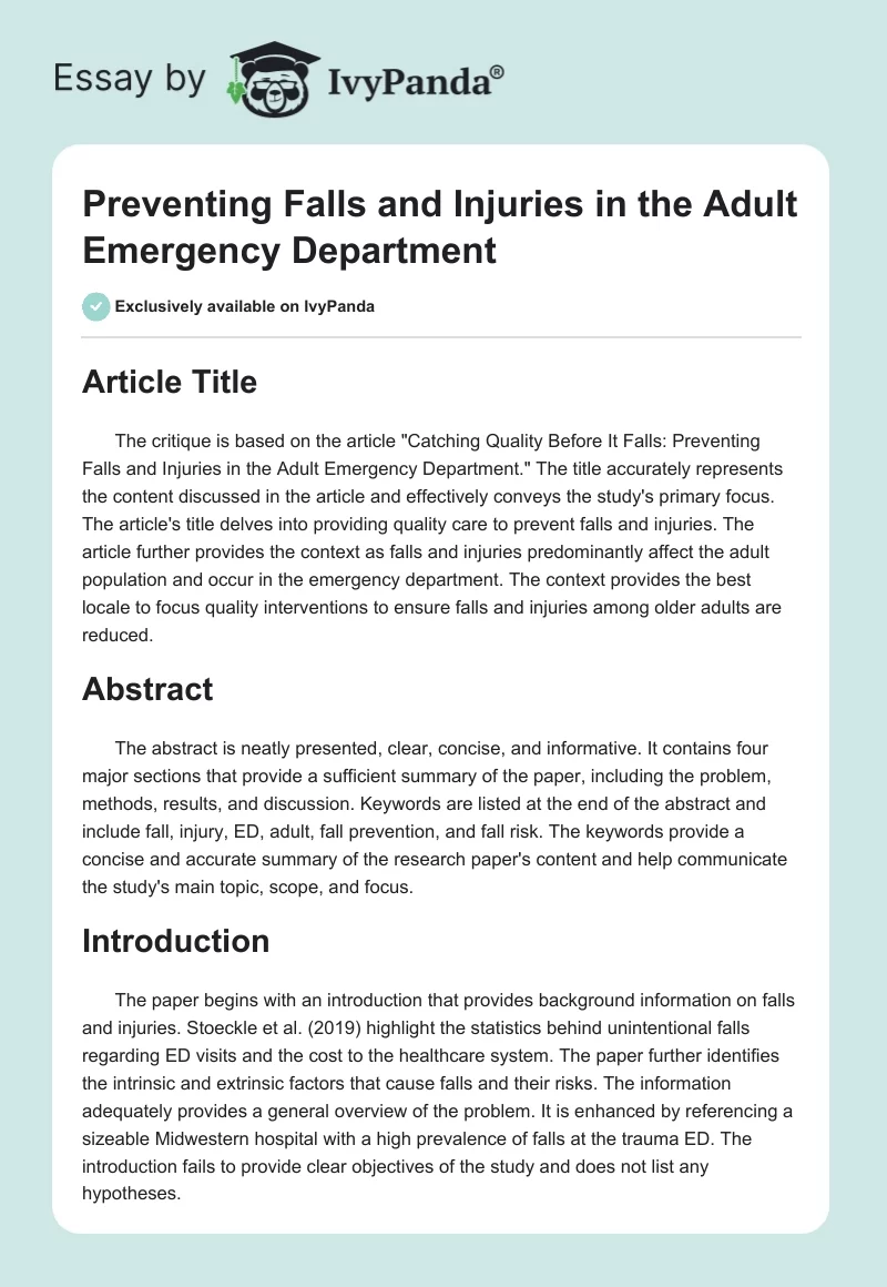 Preventing Falls and Injuries in the Adult Emergency Department. Page 1