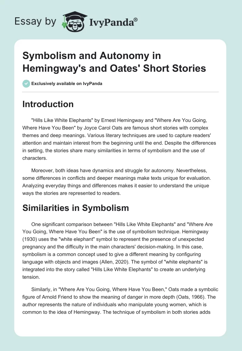 Symbolism and Autonomy in Hemingway's and Oates' Short Stories. Page 1