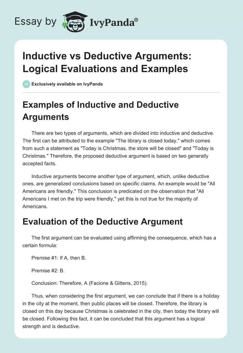 Inductive vs Deductive Arguments: Logical Evaluations and Examples. Page 1