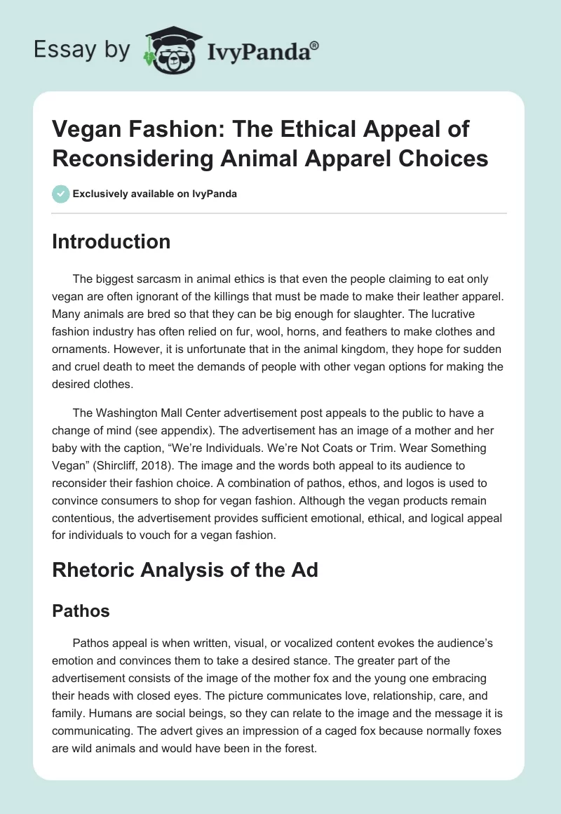 Vegan Fashion: The Ethical Appeal of Reconsidering Animal Apparel Choices. Page 1