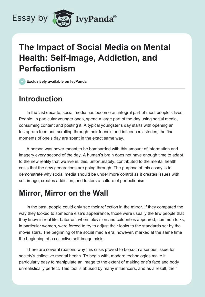 The Impact of Social Media on Mental Health: Self-Image, Addiction, and Perfectionism. Page 1