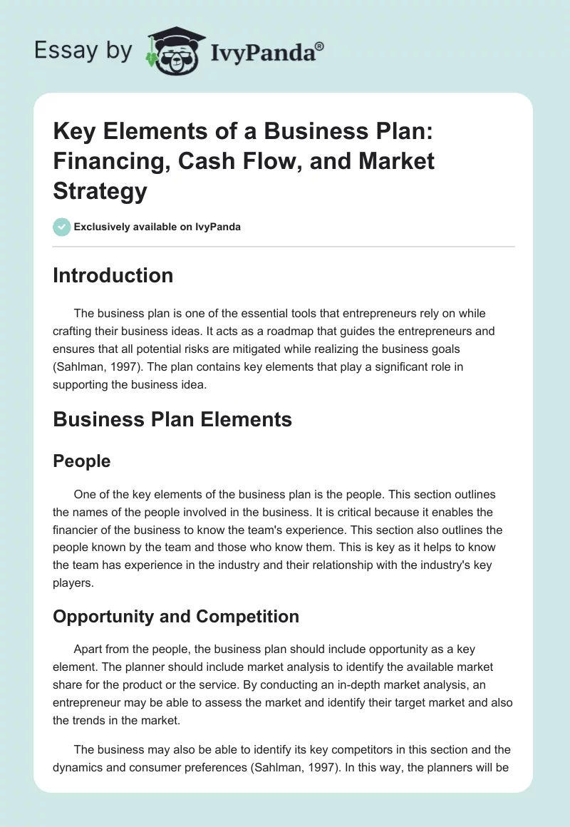 Key Elements of a Business Plan: Financing, Cash Flow, and Market Strategy. Page 1