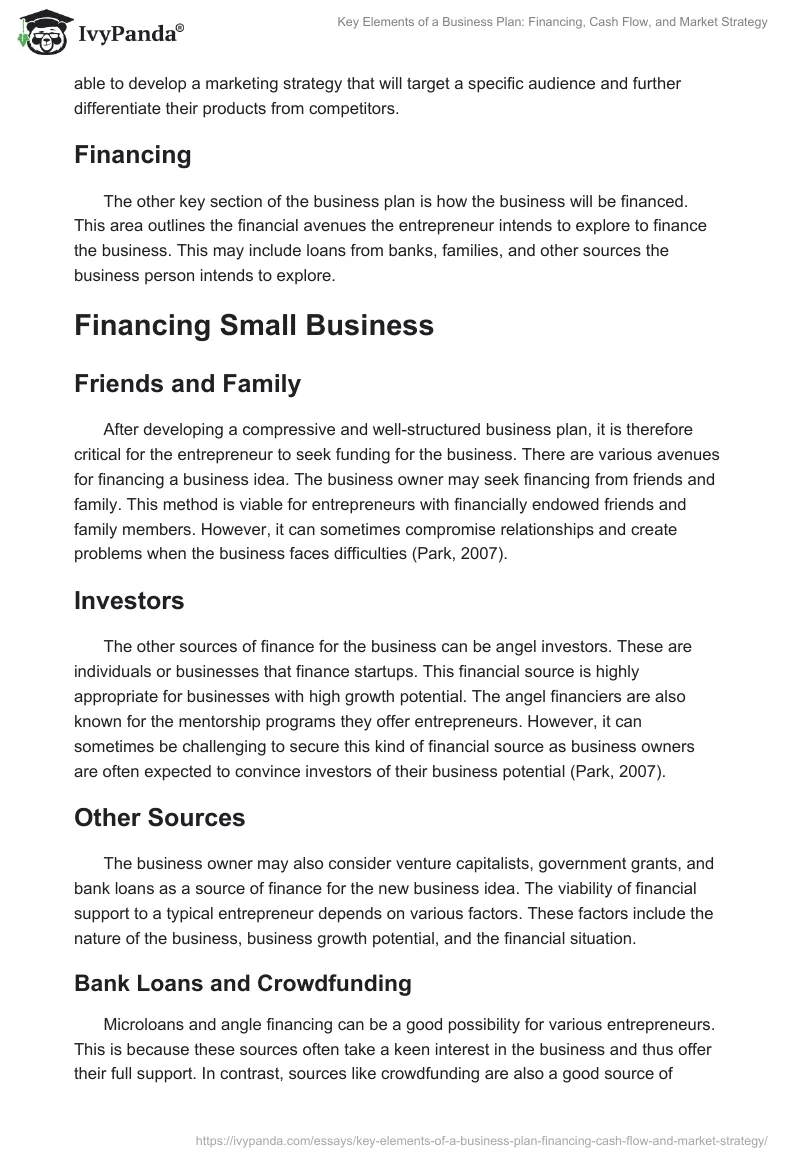 Key Elements of a Business Plan: Financing, Cash Flow, and Market Strategy. Page 2