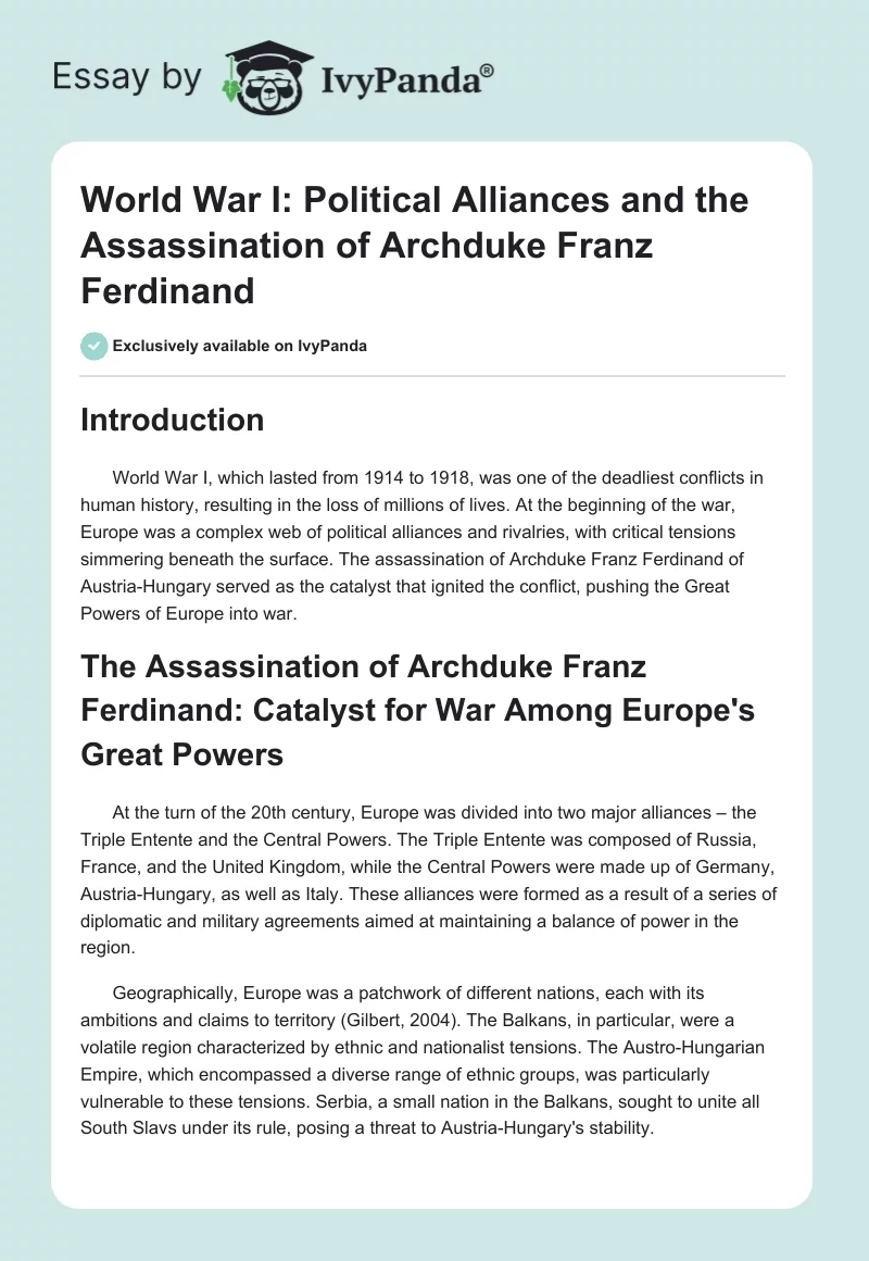 World War I: Political Alliances and the Assassination of Archduke Franz Ferdinand. Page 1