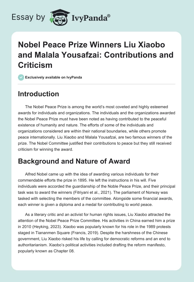 Nobel Peace Prize Winners Liu Xiaobo and Malala Yousafzai: Contributions and Criticism. Page 1