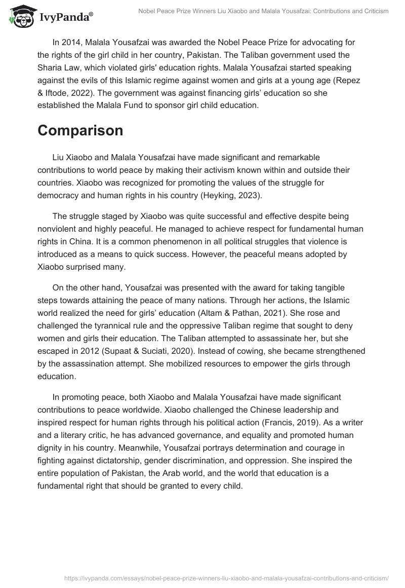 Nobel Peace Prize Winners Liu Xiaobo and Malala Yousafzai: Contributions and Criticism. Page 2