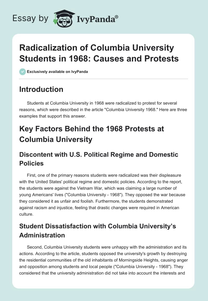 Radicalization of Columbia University Students in 1968: Causes and Protests. Page 1