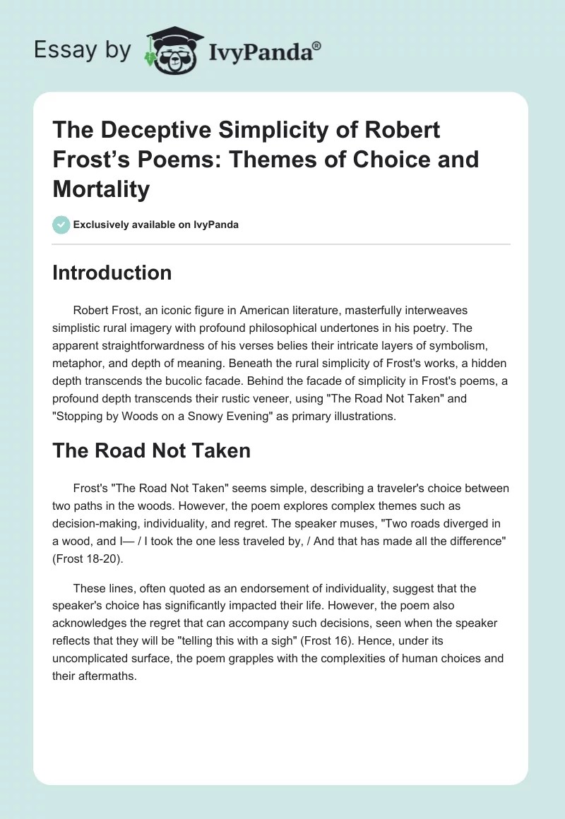 The Deceptive Simplicity of Robert Frost’s Poems: Themes of Choice and Mortality. Page 1