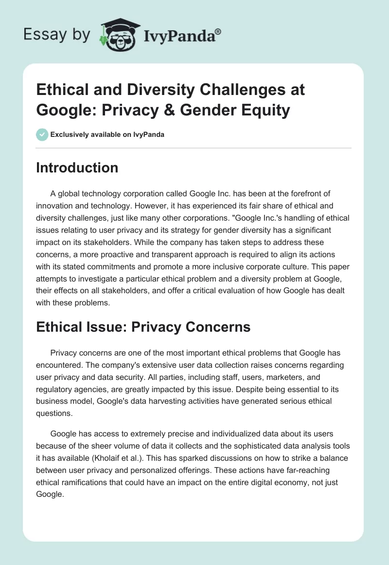 Ethical and Diversity Challenges at Google: Privacy & Gender Equity. Page 1