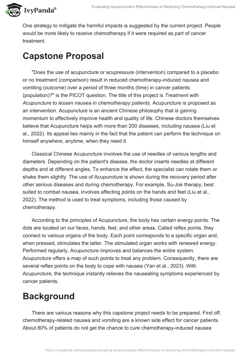 Evaluating Acupuncture's Effectiveness in Reducing Chemotherapy-Induced Nausea. Page 2