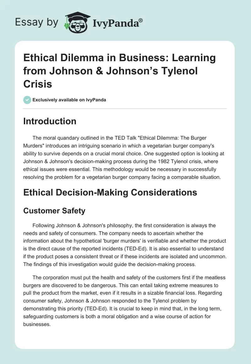 Ethical Dilemma in Business: Learning from Johnson & Johnson’s Tylenol Crisis. Page 1