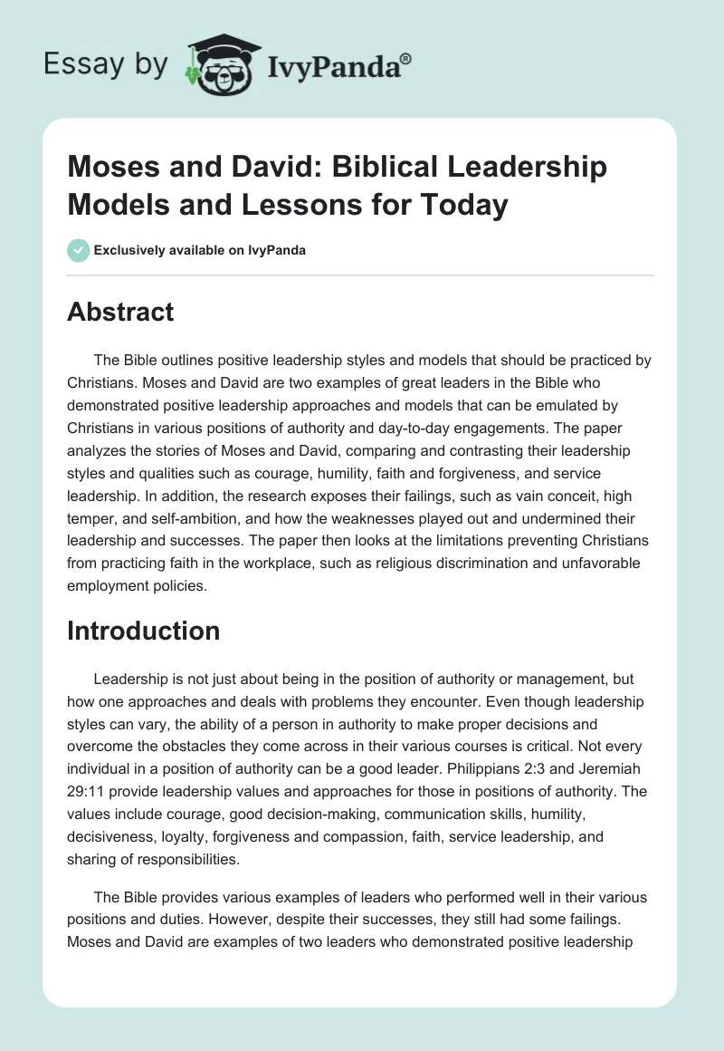 Moses and David: Biblical Leadership Models and Lessons for Today. Page 1