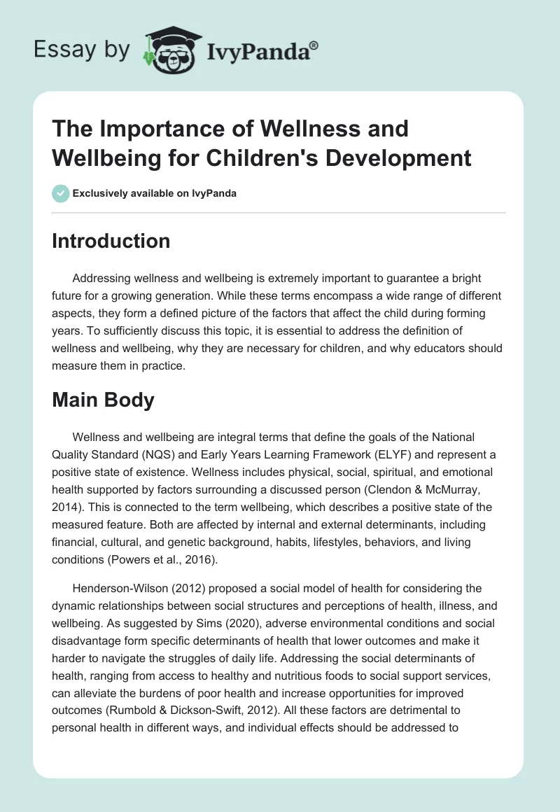 The Importance of Wellness and Wellbeing for Children's Development. Page 1