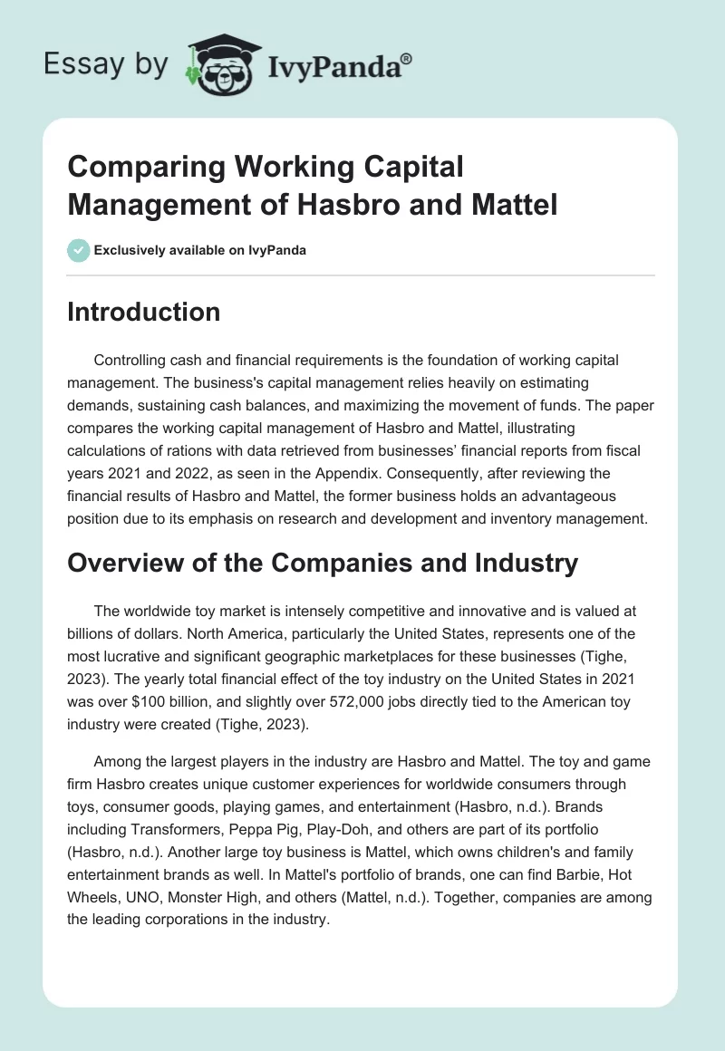 Comparing Working Capital Management of Hasbro and Mattel. Page 1