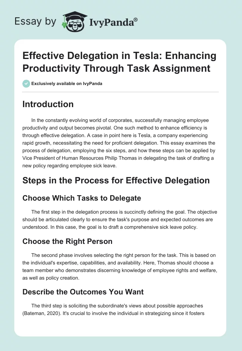 Effective Delegation in Tesla: Enhancing Productivity Through Task Assignment. Page 1