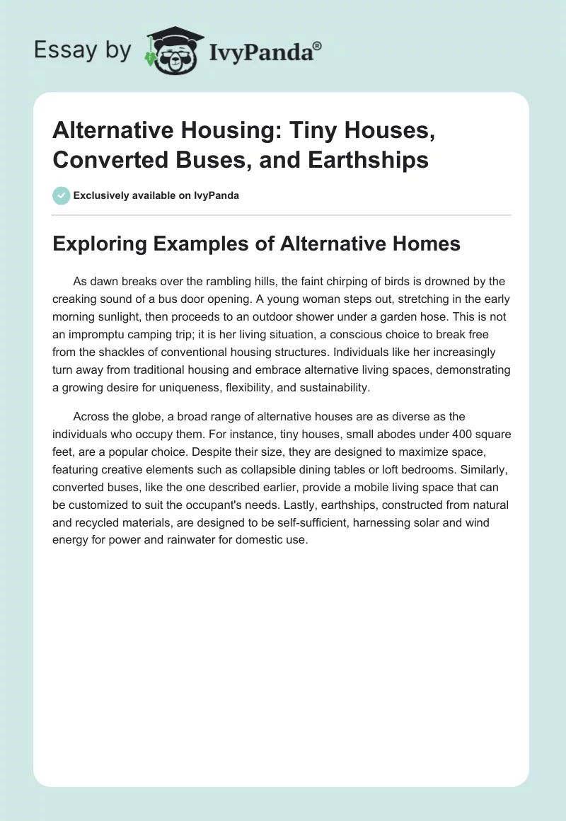 Alternative Housing: Tiny Houses, Converted Buses, and Earthships. Page 1