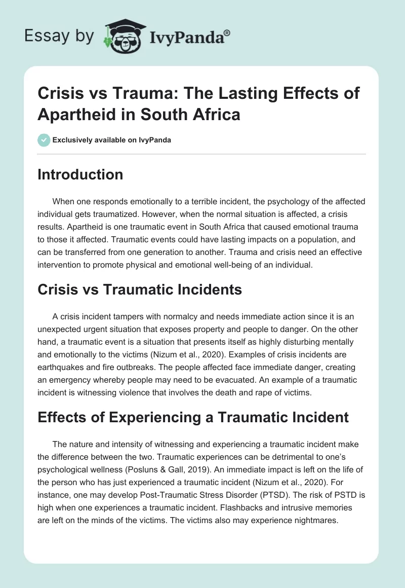 Crisis vs Trauma: The Lasting Effects of Apartheid in South Africa. Page 1