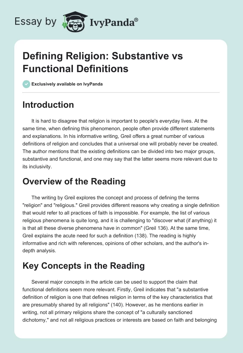 Defining Religion: Substantive vs Functional Definitions. Page 1