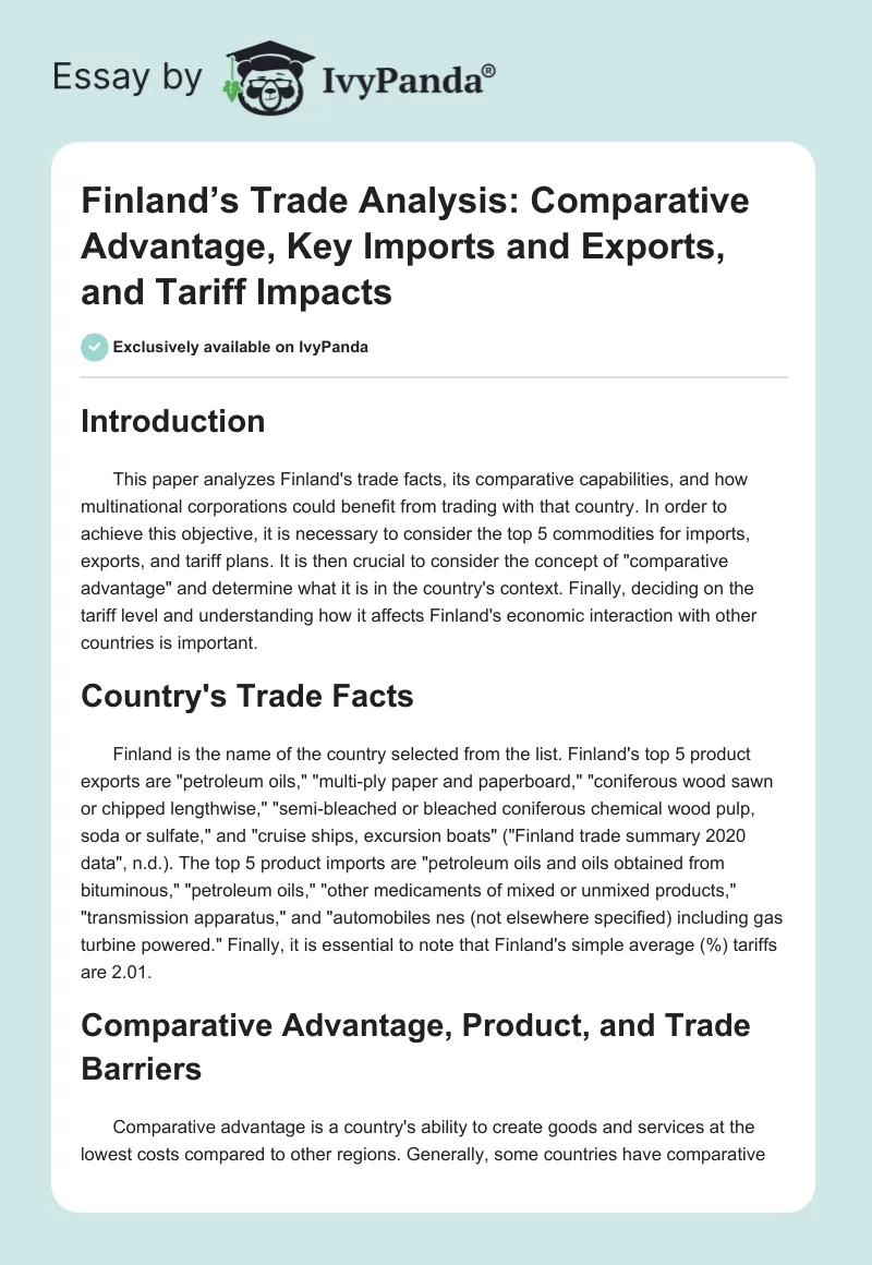 Finland’s Trade Analysis: Comparative Advantage, Key Imports and Exports, and Tariff Impacts. Page 1