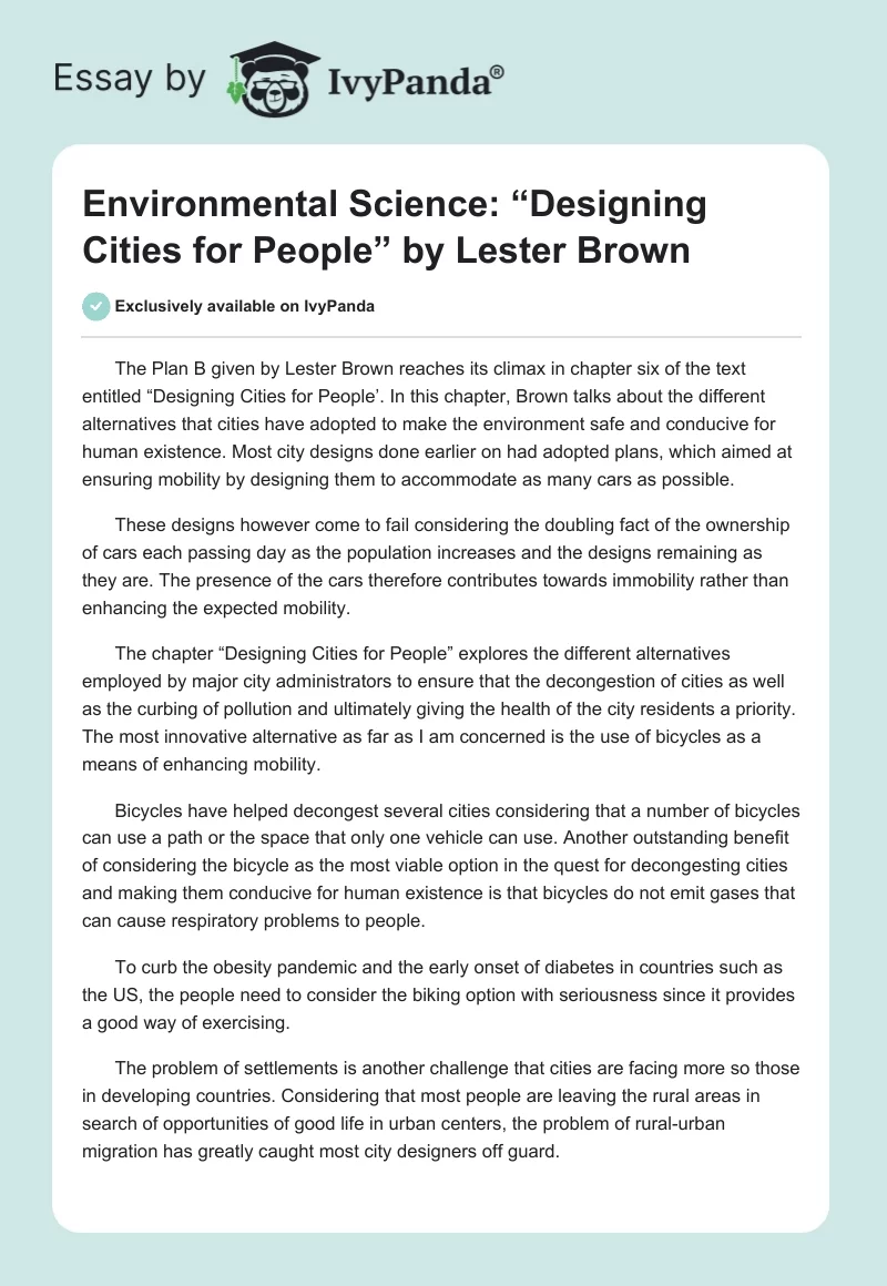Environmental Science: “Designing Cities for People” by Lester Brown. Page 1