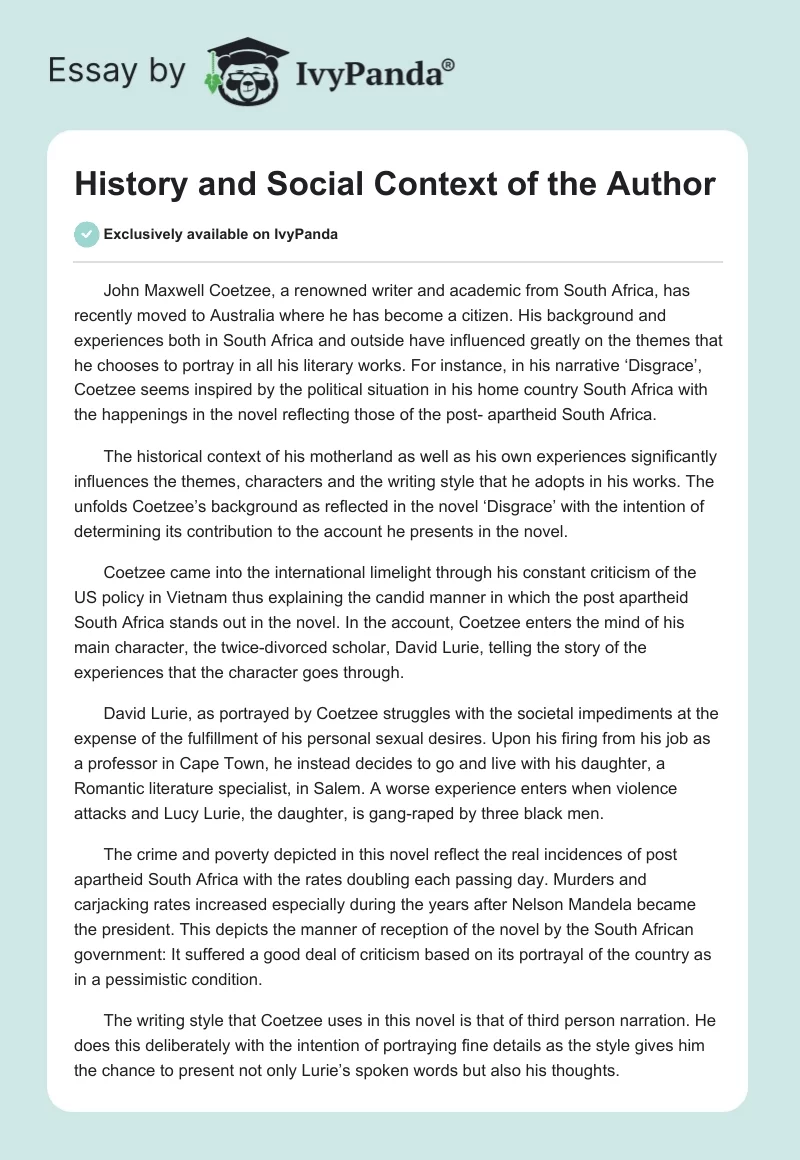 History and Social Context of the Author. Page 1