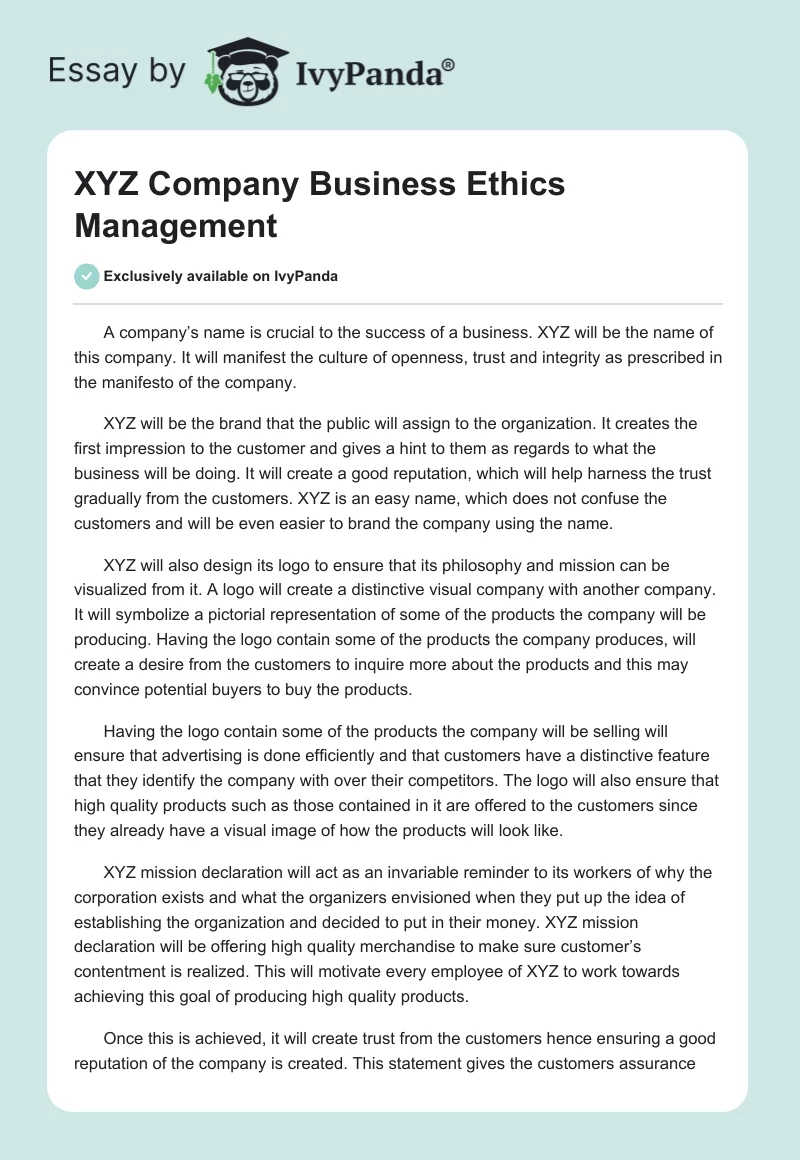 XYZ Company Business Ethics Management. Page 1