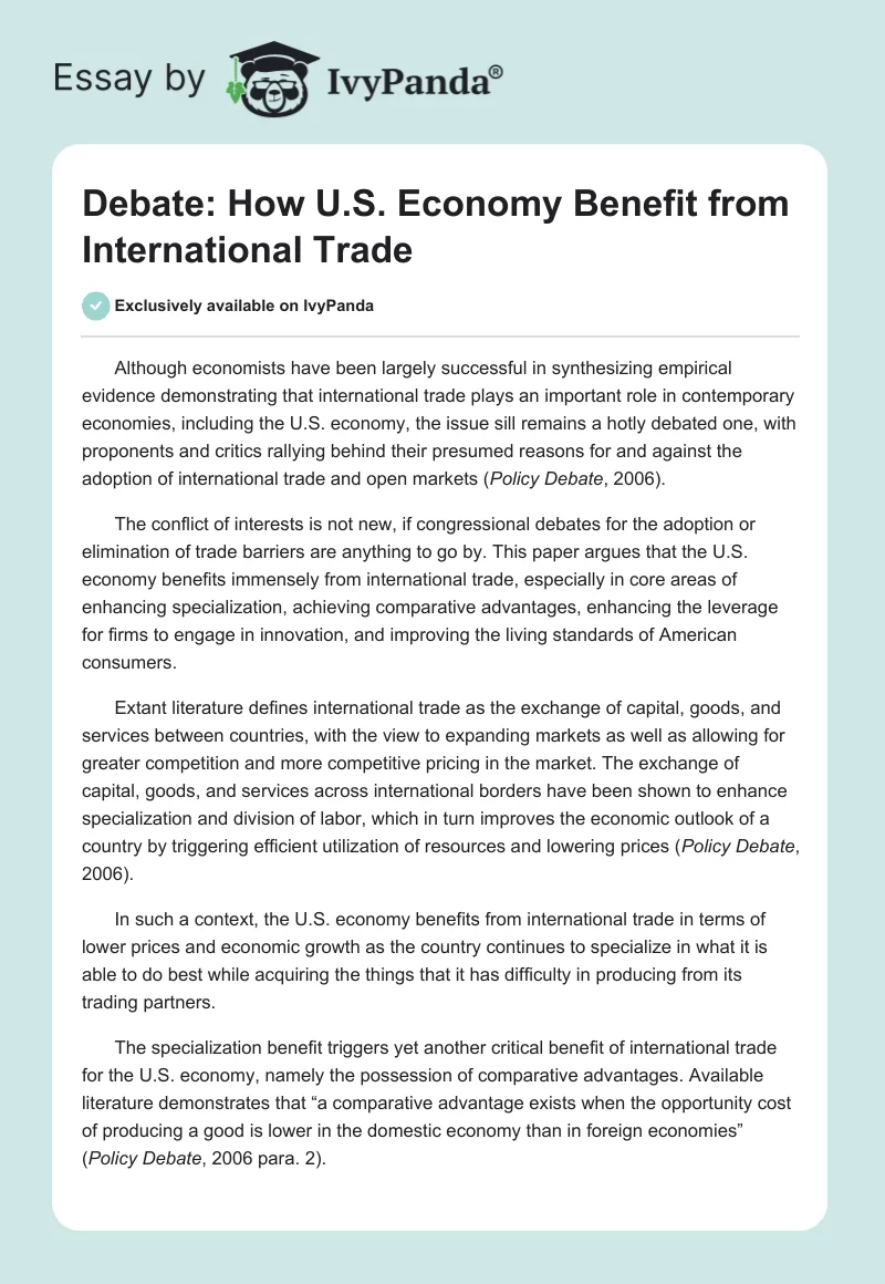 Debate: How U.S. Economy Benefit from International Trade. Page 1