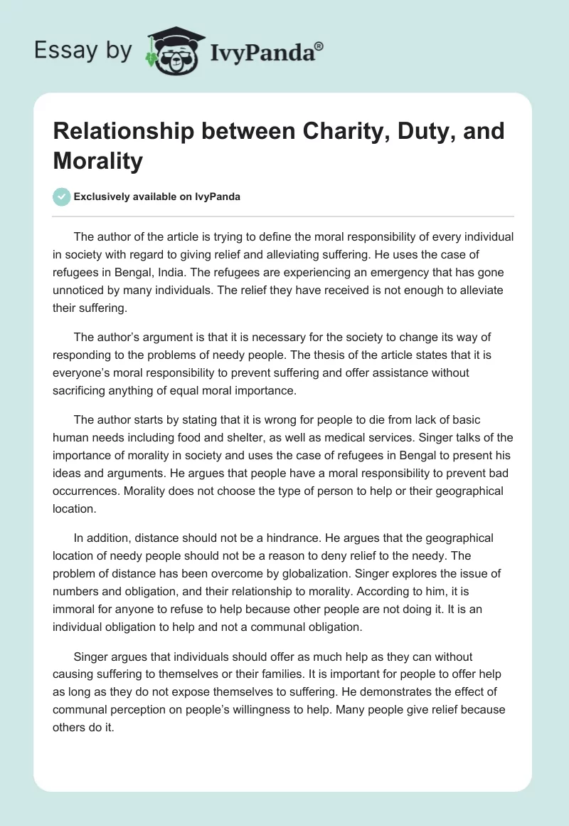 Relationship Between Charity, Duty, and Morality. Page 1