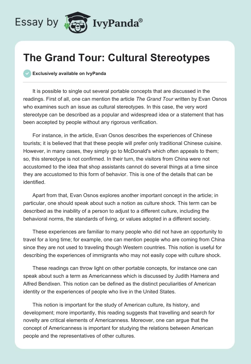 The Grand Tour: Cultural Stereotypes. Page 1