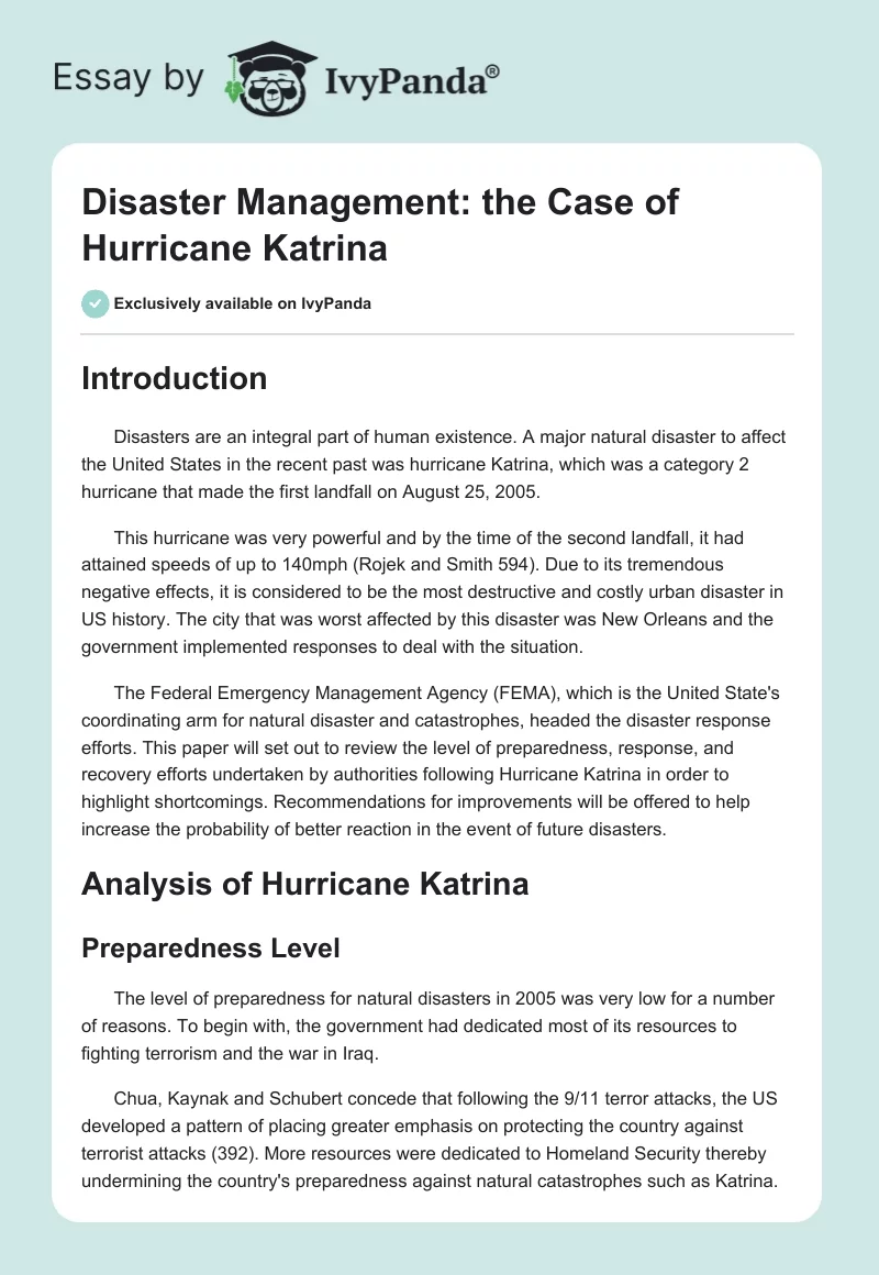 Disaster Management: the Case of Hurricane Katrina. Page 1