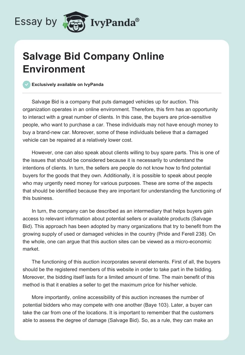 Salvage Bid Company Online Environment. Page 1