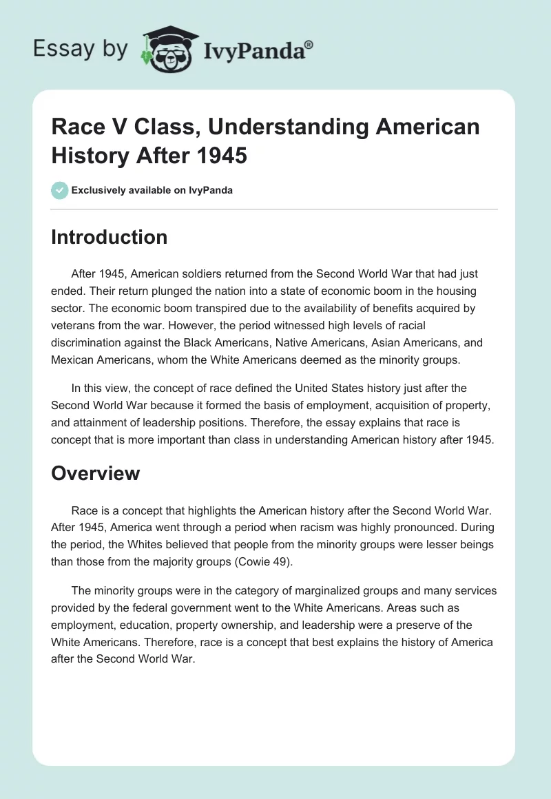 Race V Class, Understanding American History After 1945. Page 1