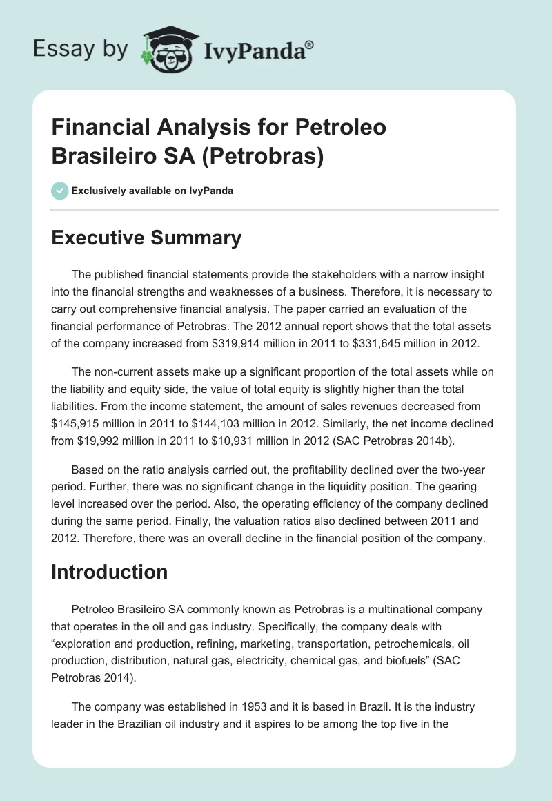 Financial Analysis for Petroleo Brasileiro SA (Petrobras). Page 1