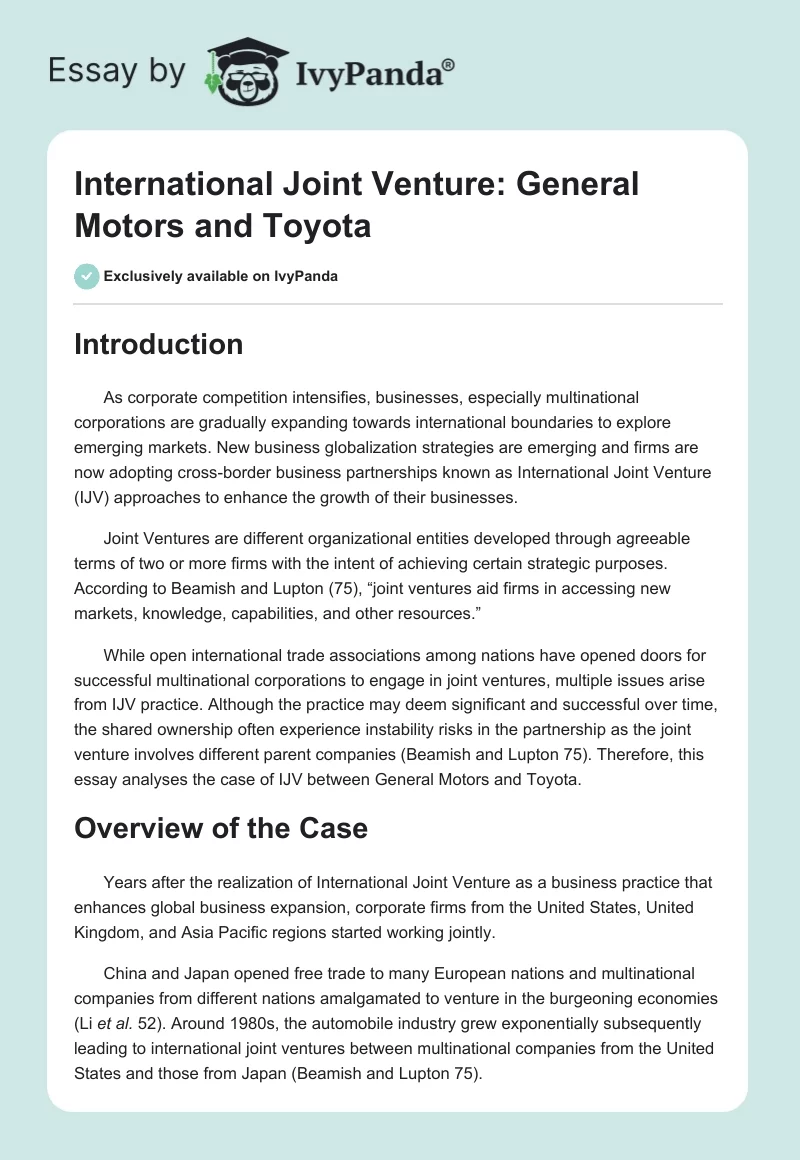 International Joint Venture: General Motors and Toyota. Page 1