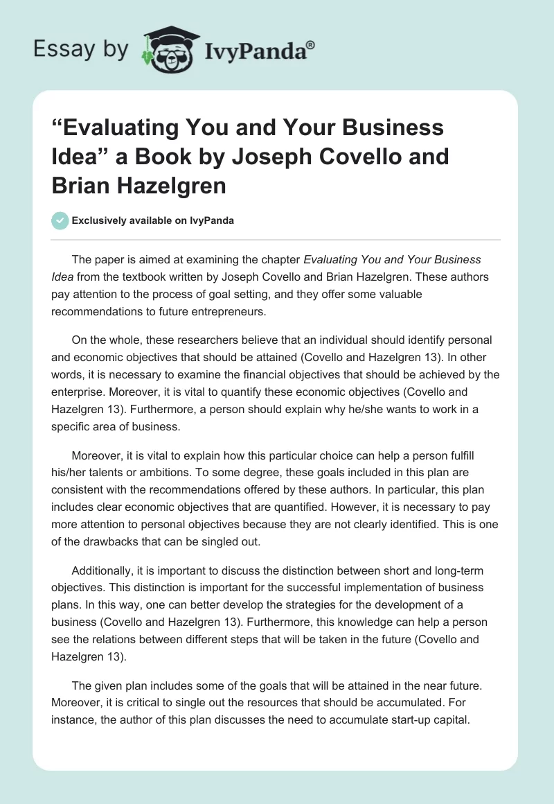“Evaluating You and Your Business Idea” a Book by Joseph Covello and Brian Hazelgren. Page 1