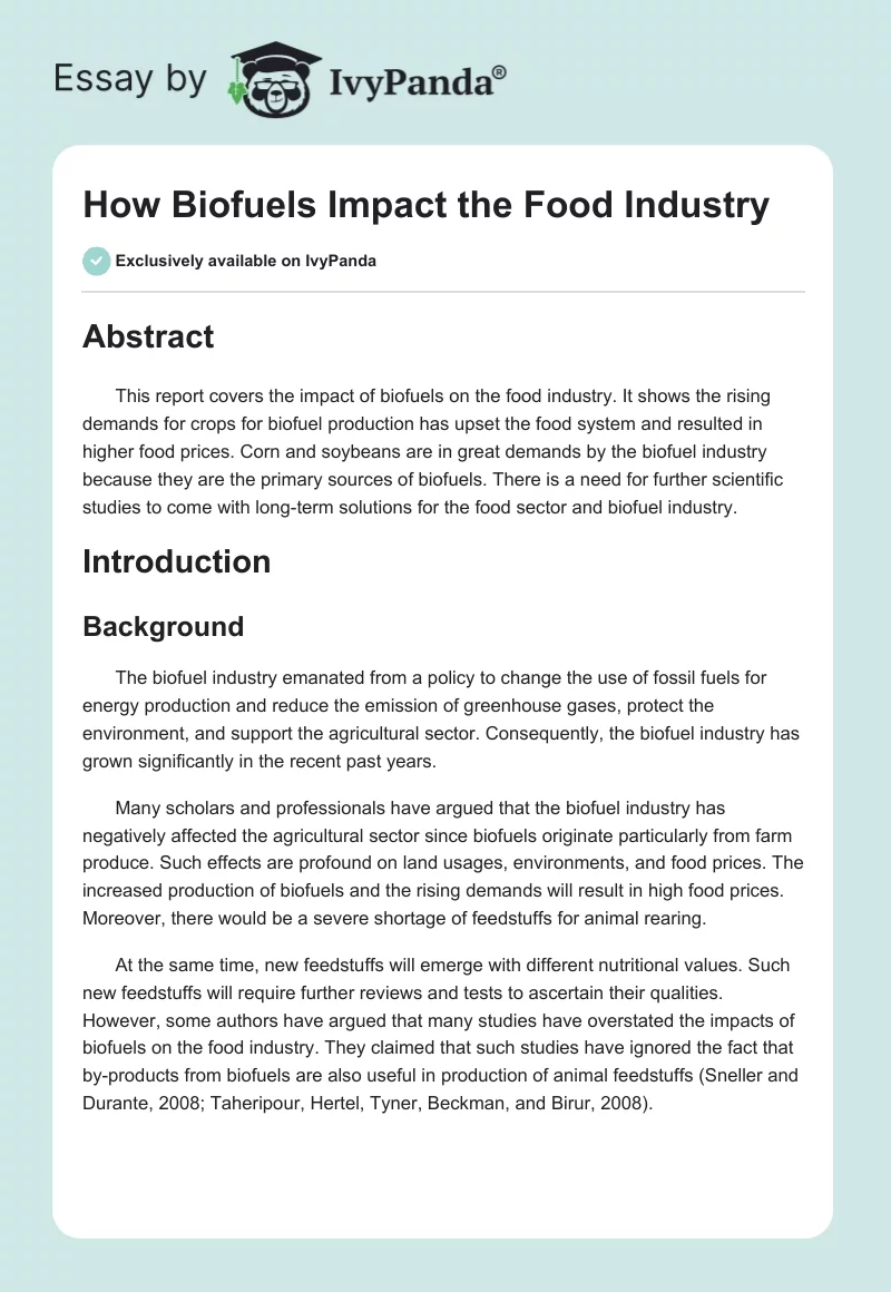How Biofuels Impact the Food Industry. Page 1