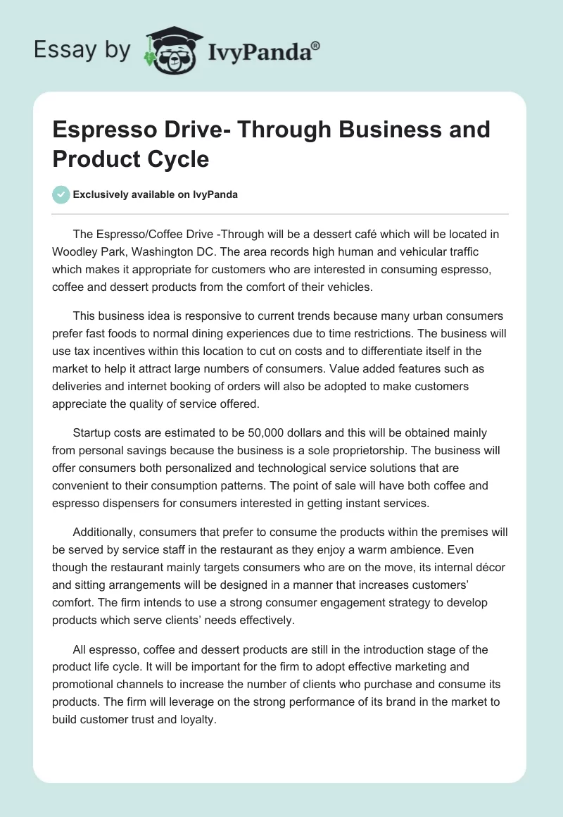 Espresso Drive- Through Business and Product Cycle. Page 1