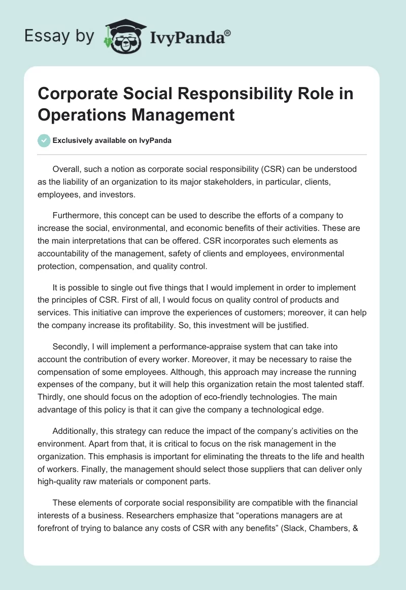 Corporate Social Responsibility Role in Operations Management. Page 1
