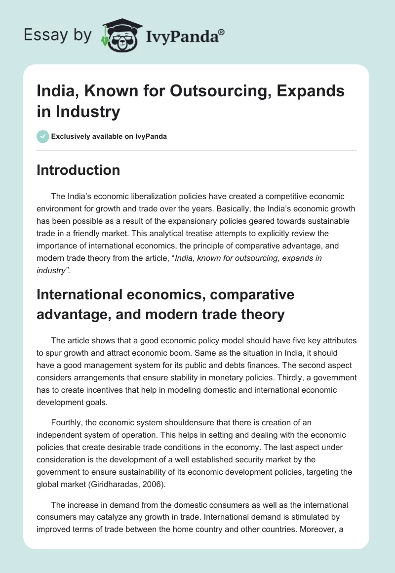 India, Known for Outsourcing, Expands in Industry. Page 1