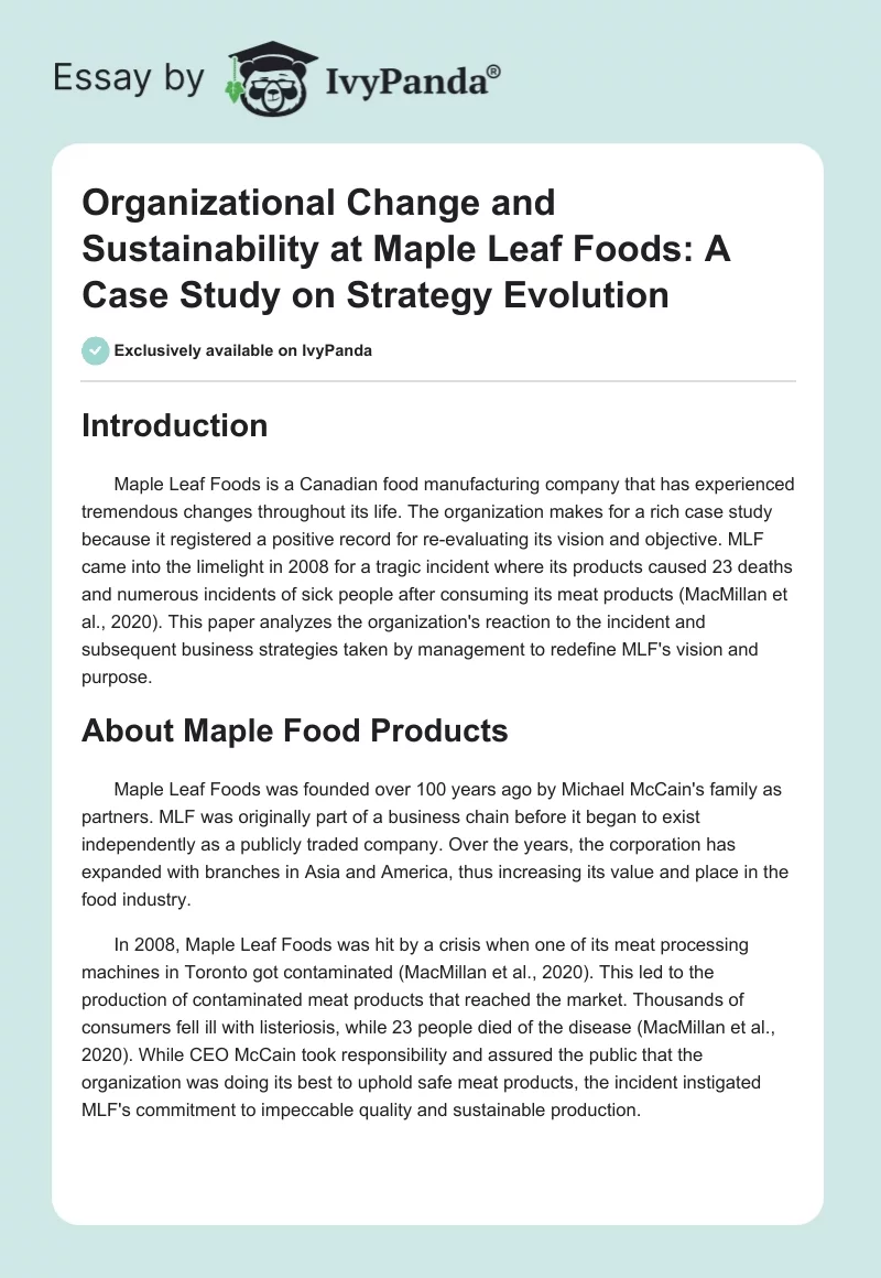 Organizational Change and Sustainability at Maple Leaf Foods: A Case Study on Strategy Evolution. Page 1