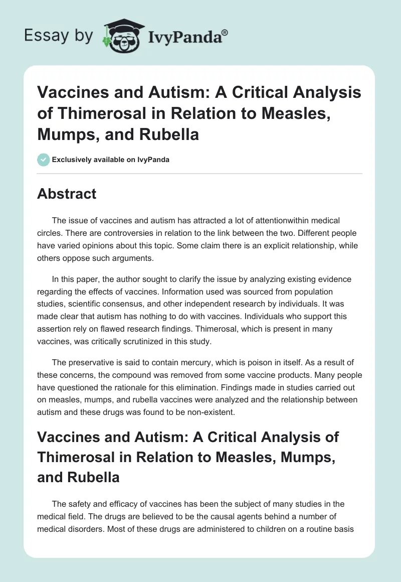Vaccines and Autism: A Critical Analysis of Thimerosal in Relation to Measles, Mumps, and Rubella. Page 1