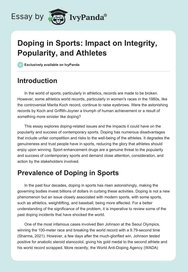 Doping in Sports: Impact on Integrity, Popularity, and Athletes. Page 1