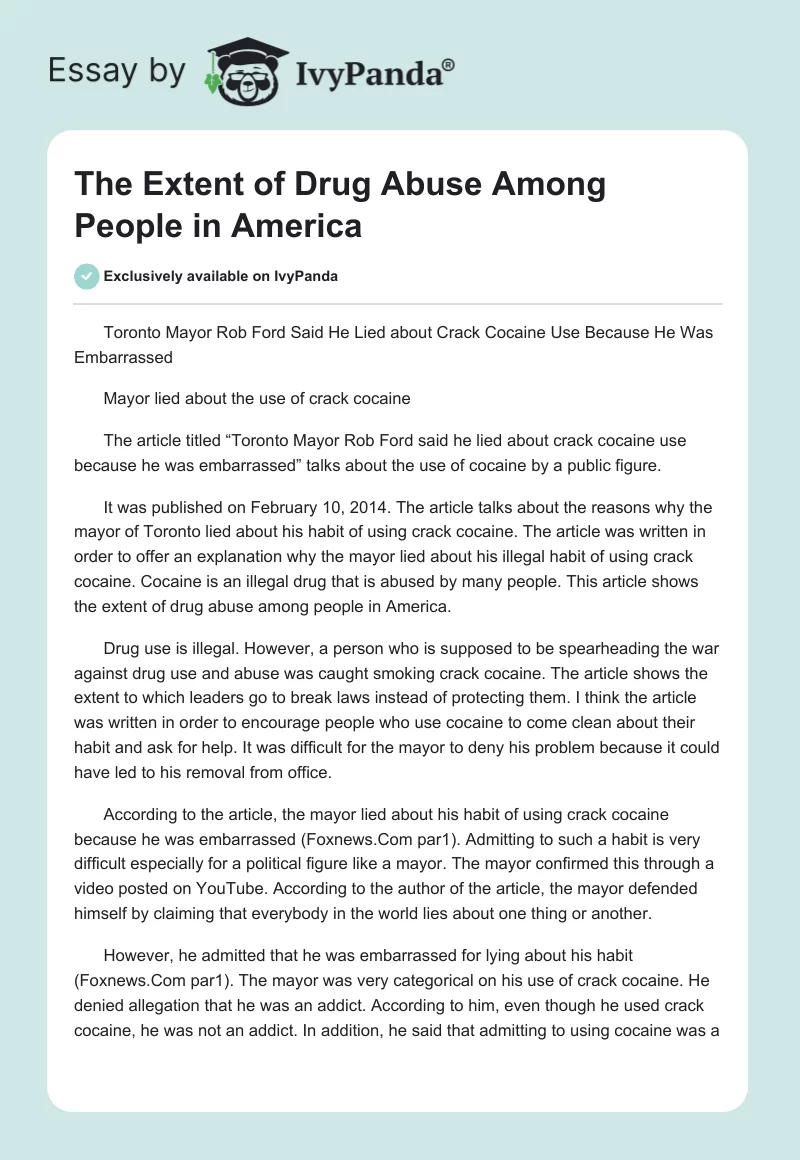 The Extent of Drug Abuse Among People in America. Page 1