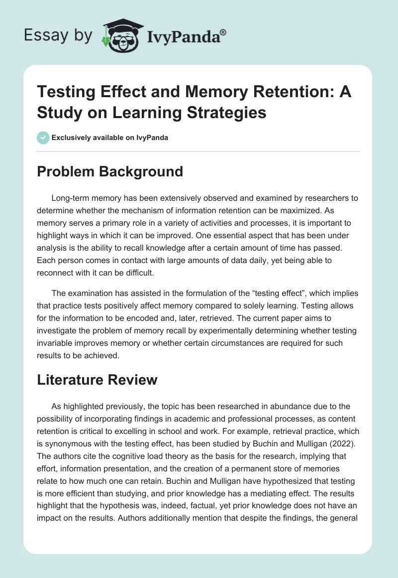 Testing Effect and Memory Retention: A Study on Learning Strategies. Page 1