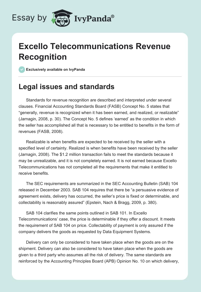 Excello Telecommunications Revenue Recognition. Page 1