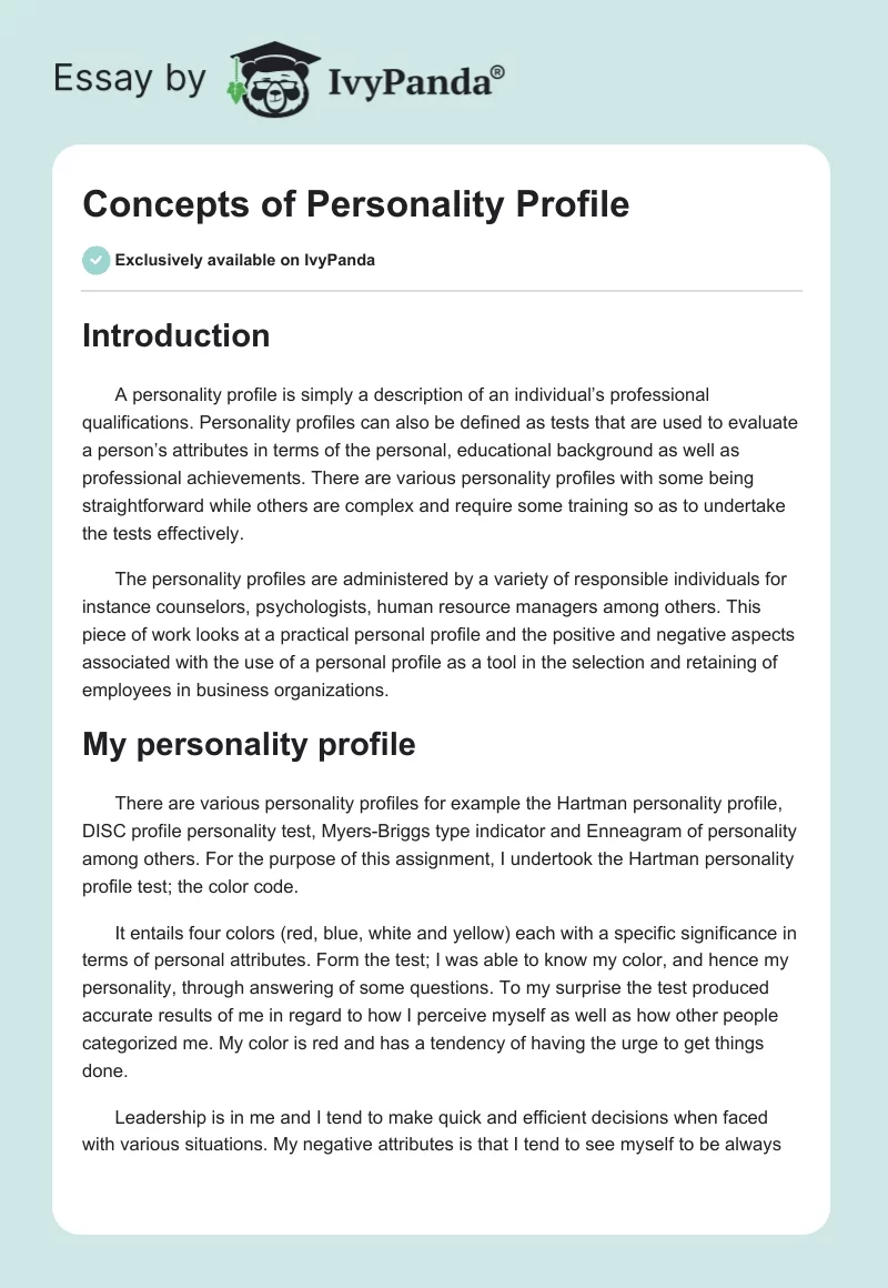Concepts of Personality Profile. Page 1