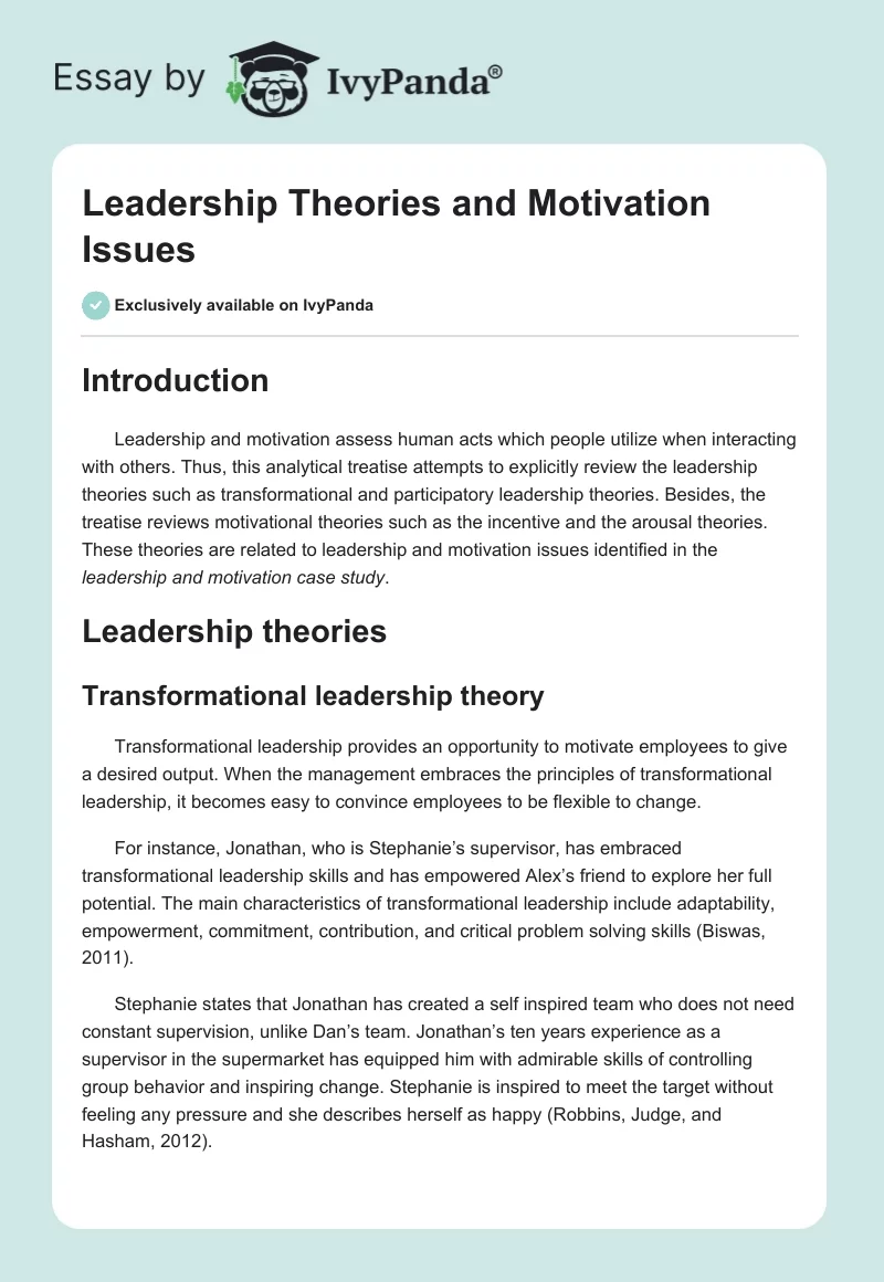 Leadership Theories and Motivation Issues. Page 1