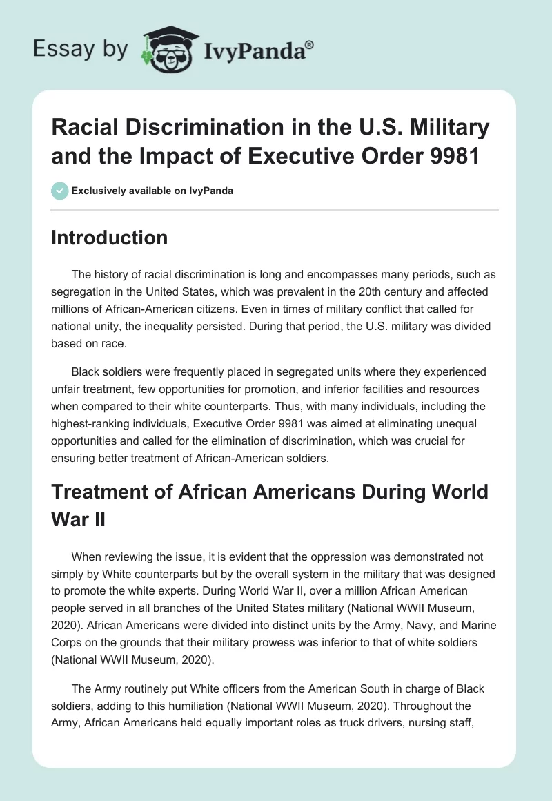 Racial Discrimination in the U.S. Military and the Impact of Executive Order 9981. Page 1