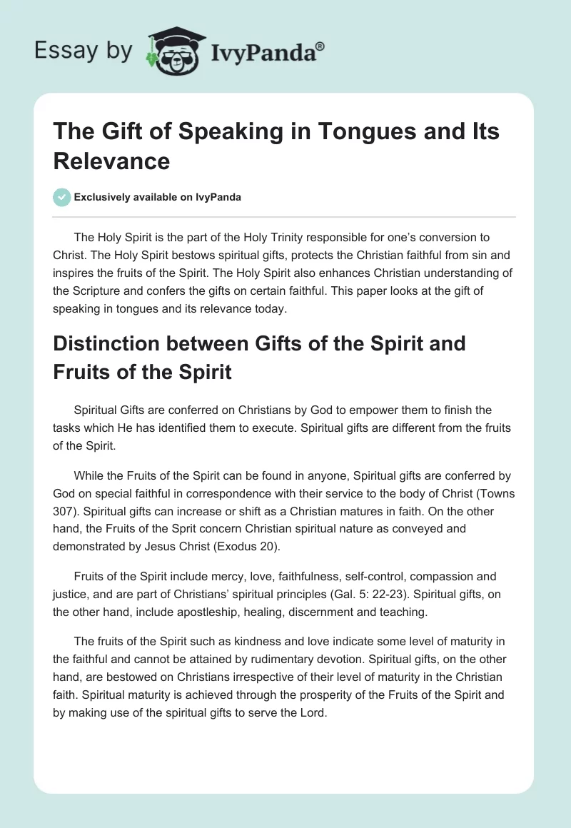 The Gift of Speaking in Tongues and Its Relevance. Page 1