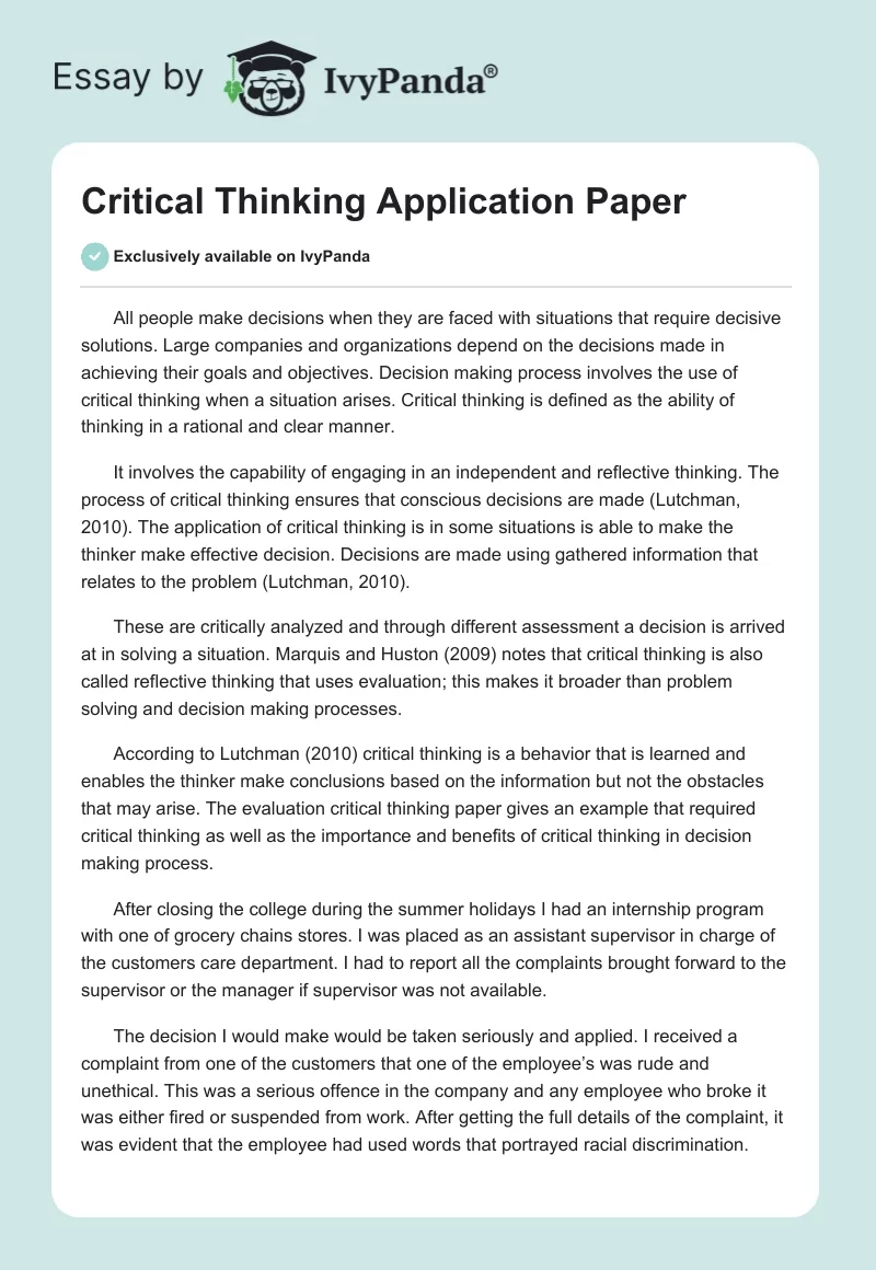 Critical Thinking Application Paper. Page 1